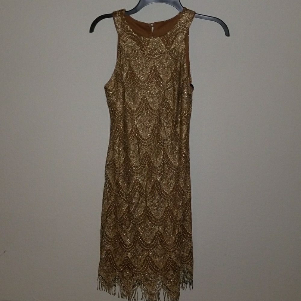 Perfect cocktail dress. Gold over brown. Stunning
